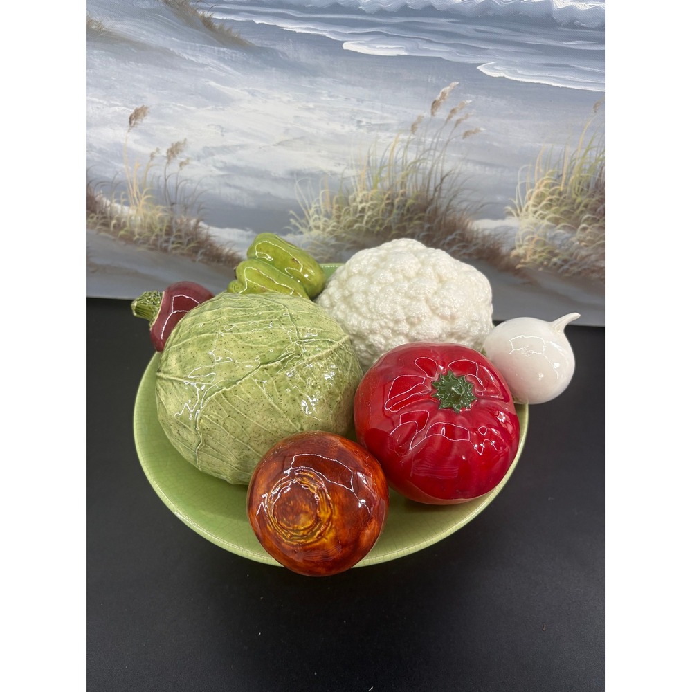 Vintage Farmhouse Ceramic Vegetable Centerpiece Set with Green Bowl Cottagecore
